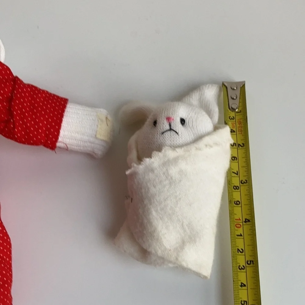 Vintage 80s Christmas sock bunny and baby red dress and Christmas print apron